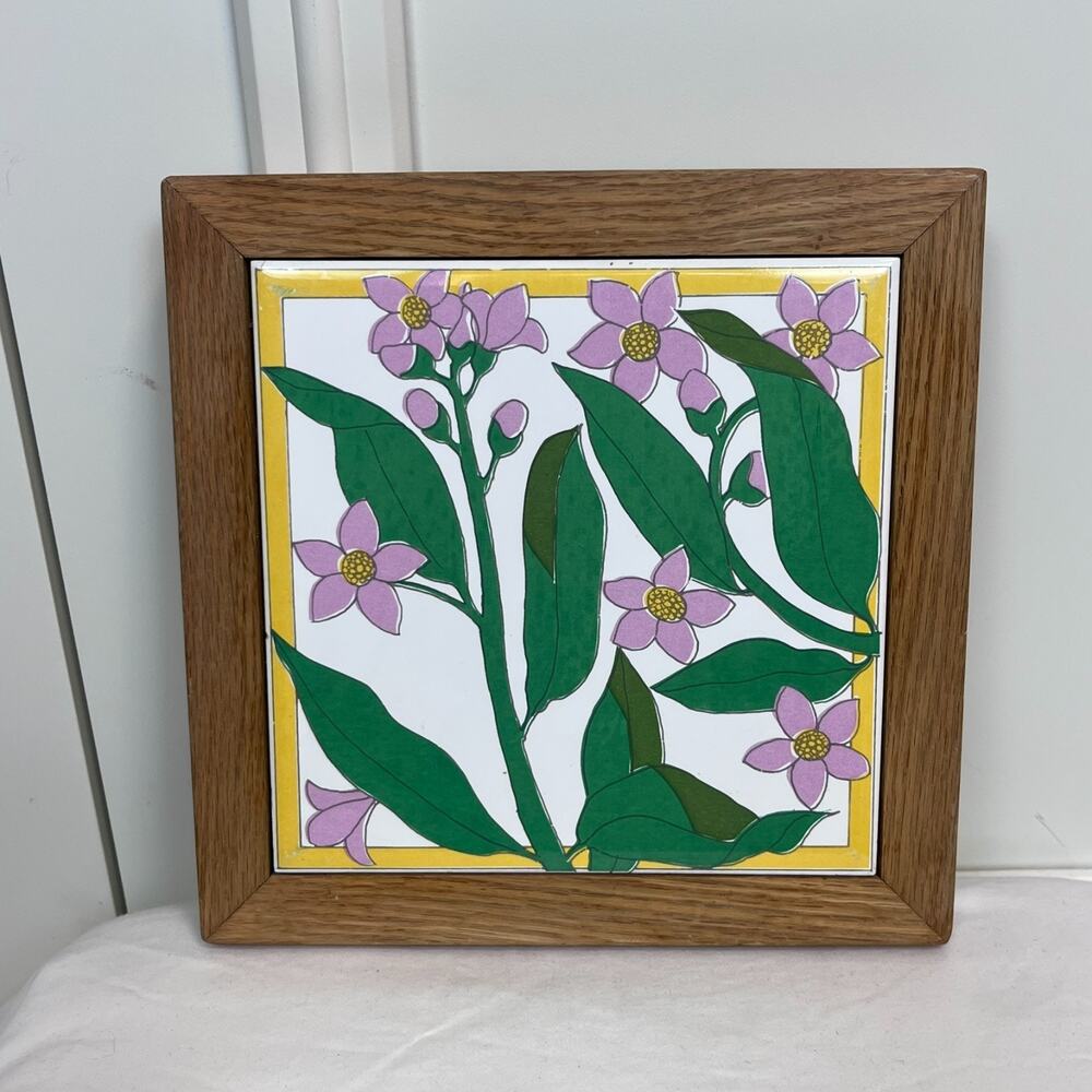 Vintage Cottage Floral Trivet Tile Wood Trimmed 7.5x7.5